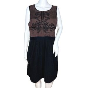 Leifnotes Dress Women 12 Black Brown Open Air Theater Dress Embroidered Boheiman